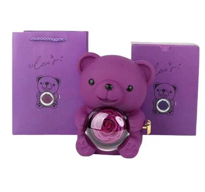 Eternal Rose Teddy Bear Necklace –  Personalized Engraved Name with Rotating Rose Jewelry Box for Her