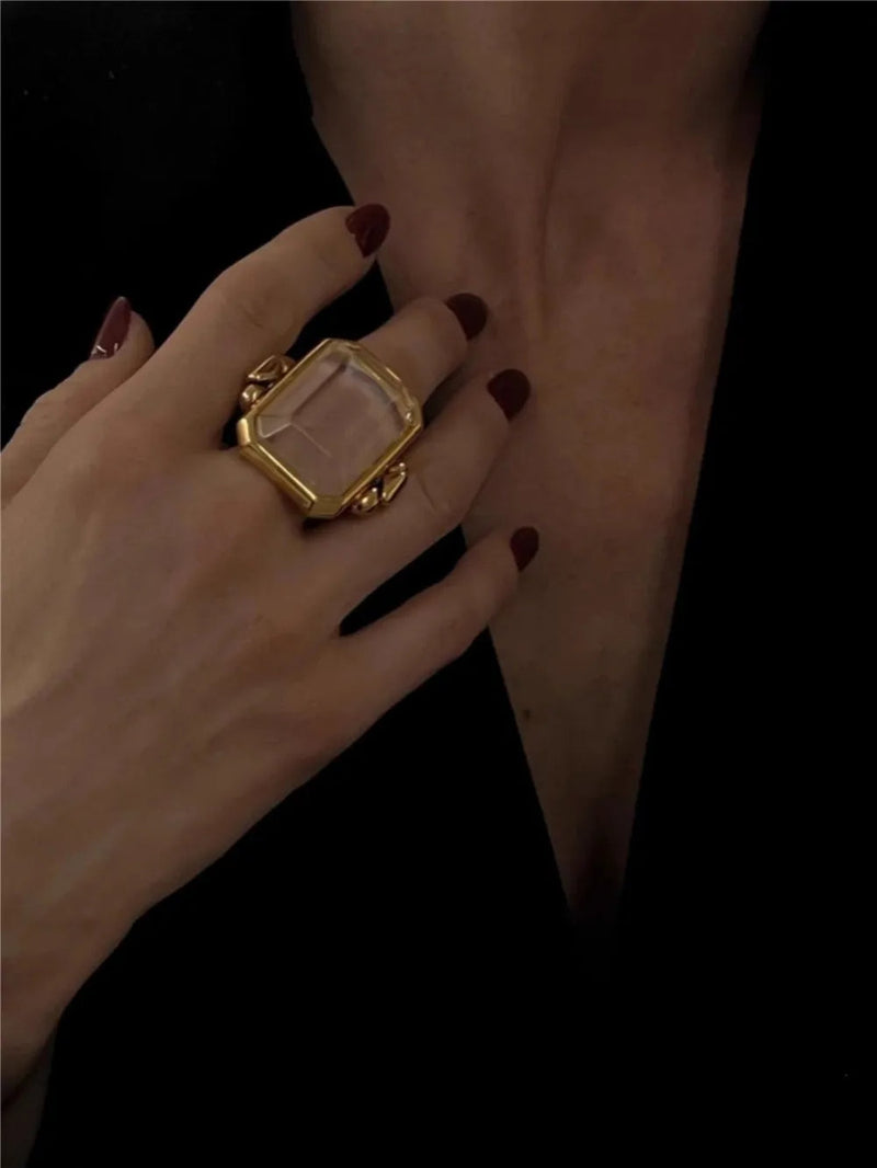 Fashion Square Natural Stone Crystal Ring - 2024 Gold-Plated Brass Jewelry for Women, Light Luxury European and American Style