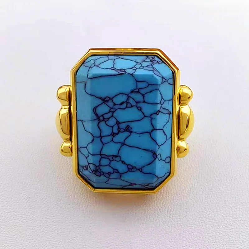 Fashion Square Natural Stone Crystal Ring - 2024 Gold-Plated Brass Jewelry for Women, Light Luxury European and American Style