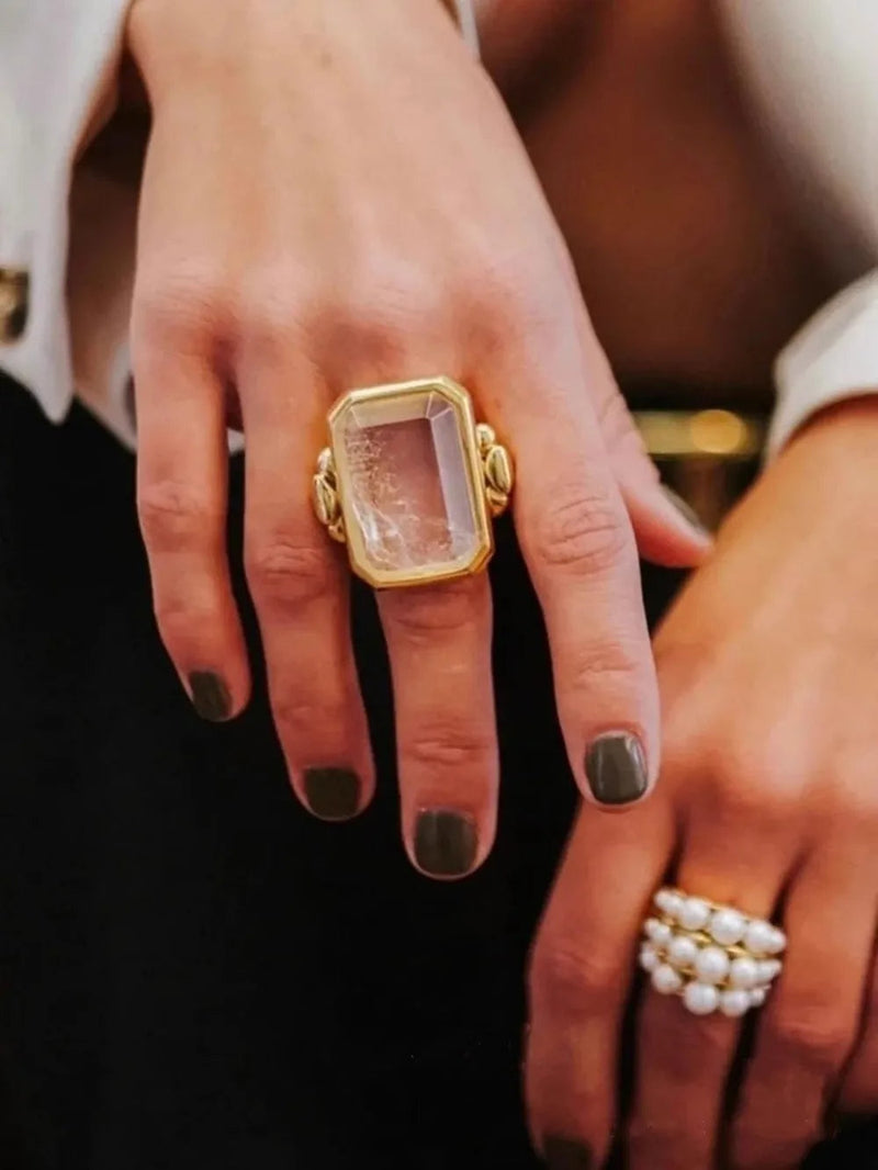 Fashion Square Natural Stone Crystal Ring - 2024 Gold-Plated Brass Jewelry for Women, Light Luxury European and American Style