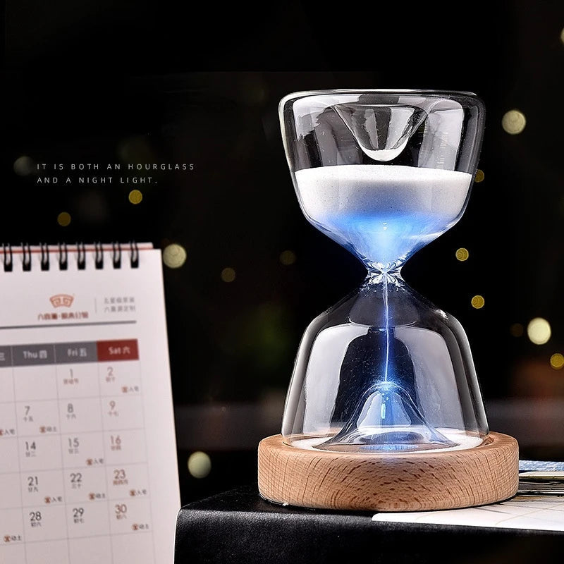 Luminous Remote Control Hourglass – 15-Minute Wooden Base Night Light Timer for Relaxation, Desk Decor & Soothing Ambient Glow