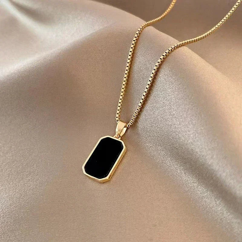 Bold Gold Geometric Pendant Necklace – Black Enamel Square Chain for Men & Women, Punk Party Jewelry