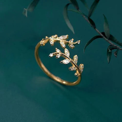 Adjustable Sterling Silver Branch Leaf Ring – Zircon Accents, Minimalist Chic Fine Jewelry for Fashion-Forward Women