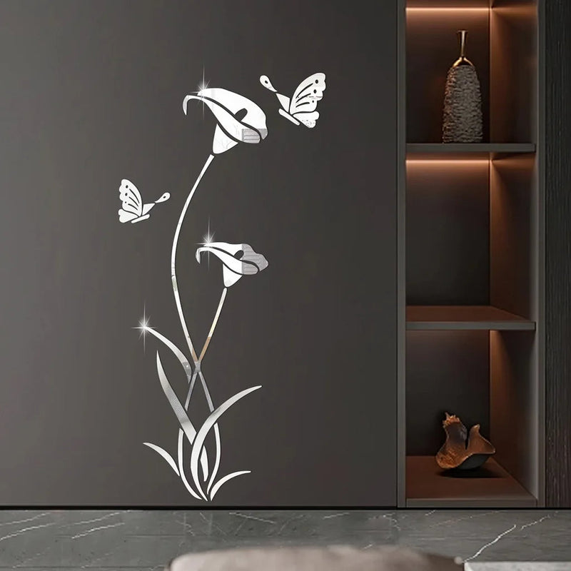 Butterfly Lily Mirror Wall Sticker – 3D DIY Floral Mural Decal for Bedroom, TV Background, and Elegant Living Room Décor Charm