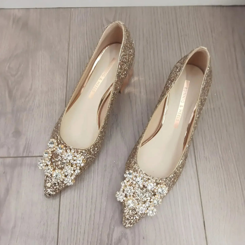 Crystal Bow Rhinestone Party Shoes with Square Buckle- Sparkly Mid-Heel Pumps for Elegant Spring, Weddings & Events