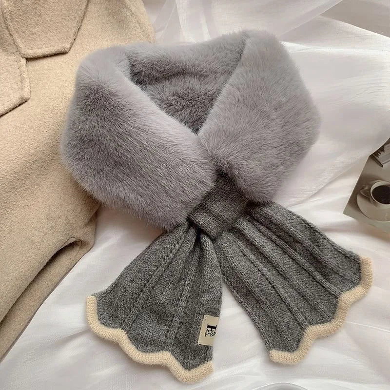 Korean Plush Collar Winter Scarf – Cozy Short Cross Wrap for Women & Girls