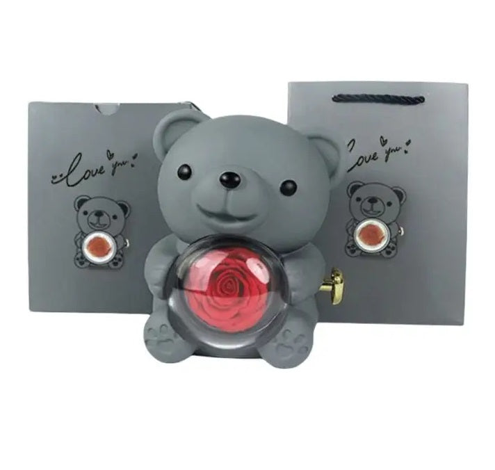 Eternal Rose Teddy Bear Necklace –  Personalized Engraved Name with Rotating Rose Jewelry Box for Her