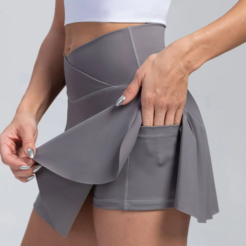 High Waist Overlap Tennis Skirt Shorts - 2-in-1  Outdoor Activewear with Pocket for Women