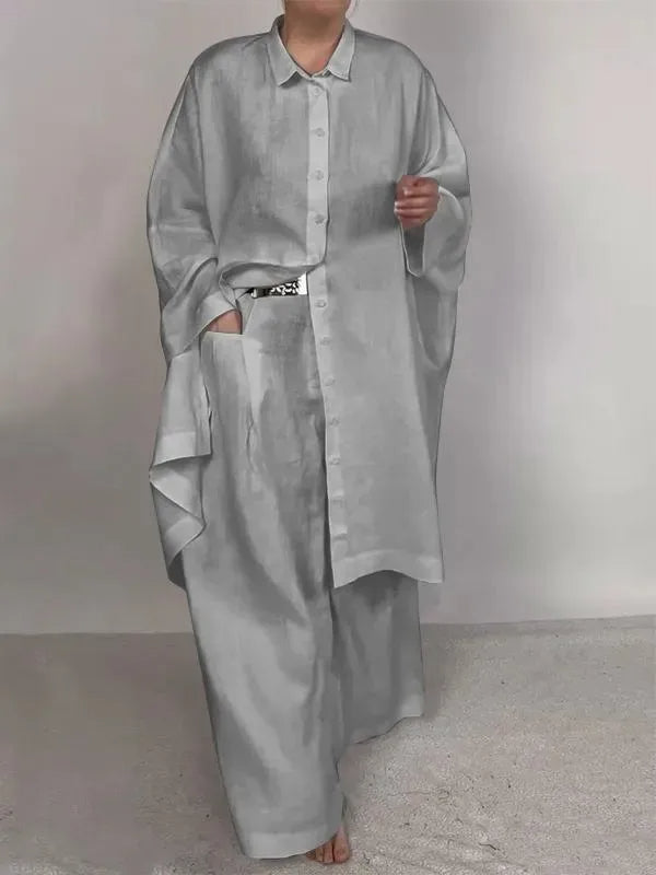 Casual Loose Solid Color Long Shirt & Wide-Leg Pants with Pockets –  Two-Piece Set for Relaxed Elegance