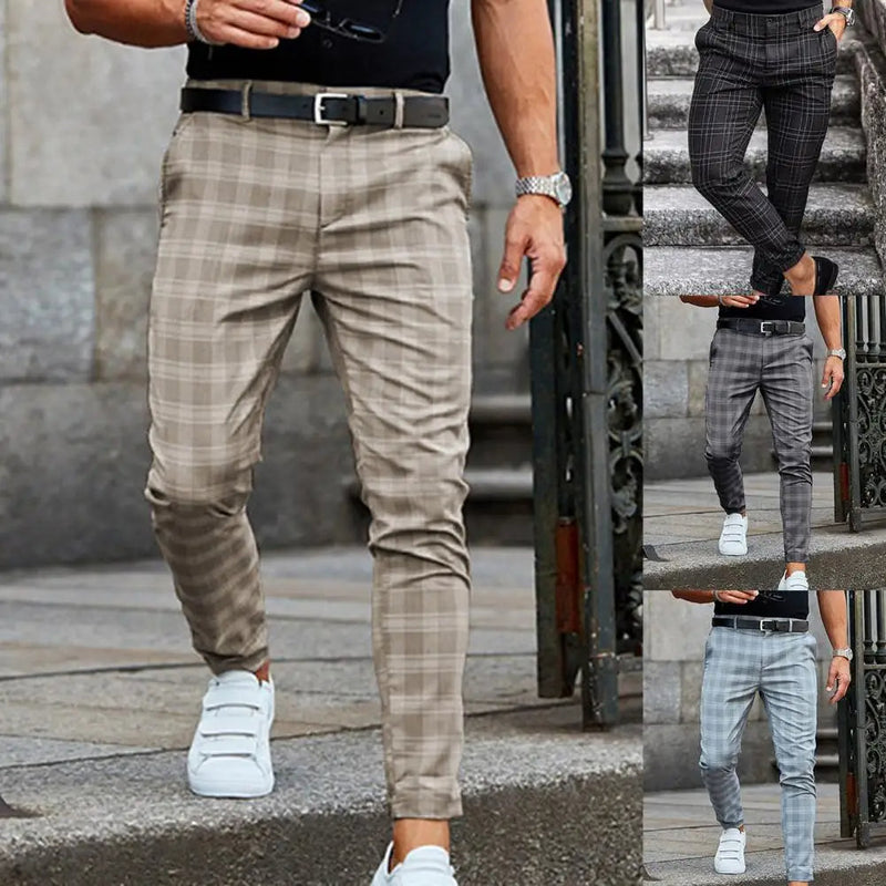 Men's Casual Mid-Waist Plaid Trousers - Stylish Skinny Pants for a Modern Streetwear Look
