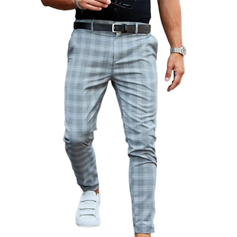 Men's Casual Mid-Waist Plaid Trousers - Stylish Skinny Pants for a Modern Streetwear Look