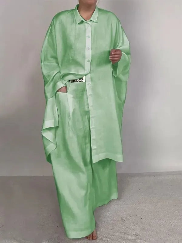 Casual Loose Solid Color Long Shirt & Wide-Leg Pants with Pockets –  Two-Piece Set for Relaxed Elegance
