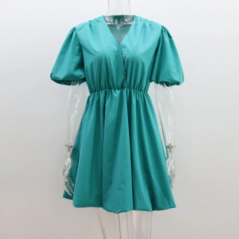 European and American Lantern Sleeve Mini Flare Dress – Sexy Pleated V-Neck A-Line for Romantic Evenings & All-Day Style