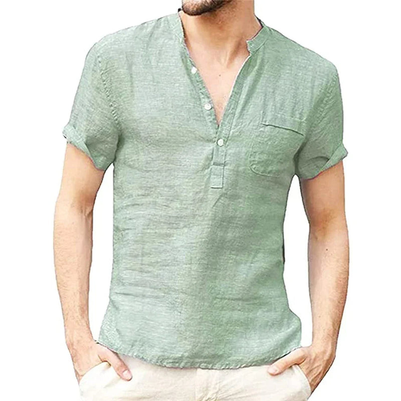 Casual Men's Linen Shirt – Short Sleeve 3-Button V-Neck Top with Pocket for Everyday Summer Style