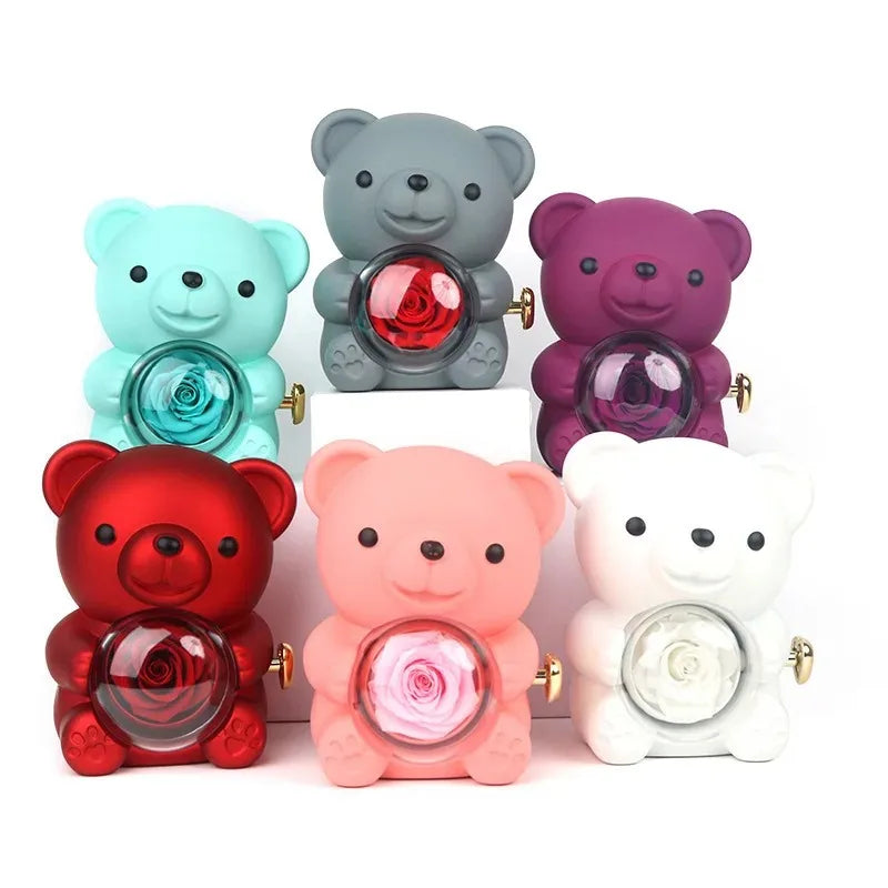 Eternal Rose Teddy Bear Necklace –  Personalized Engraved Name with Rotating Rose Jewelry Box for Her