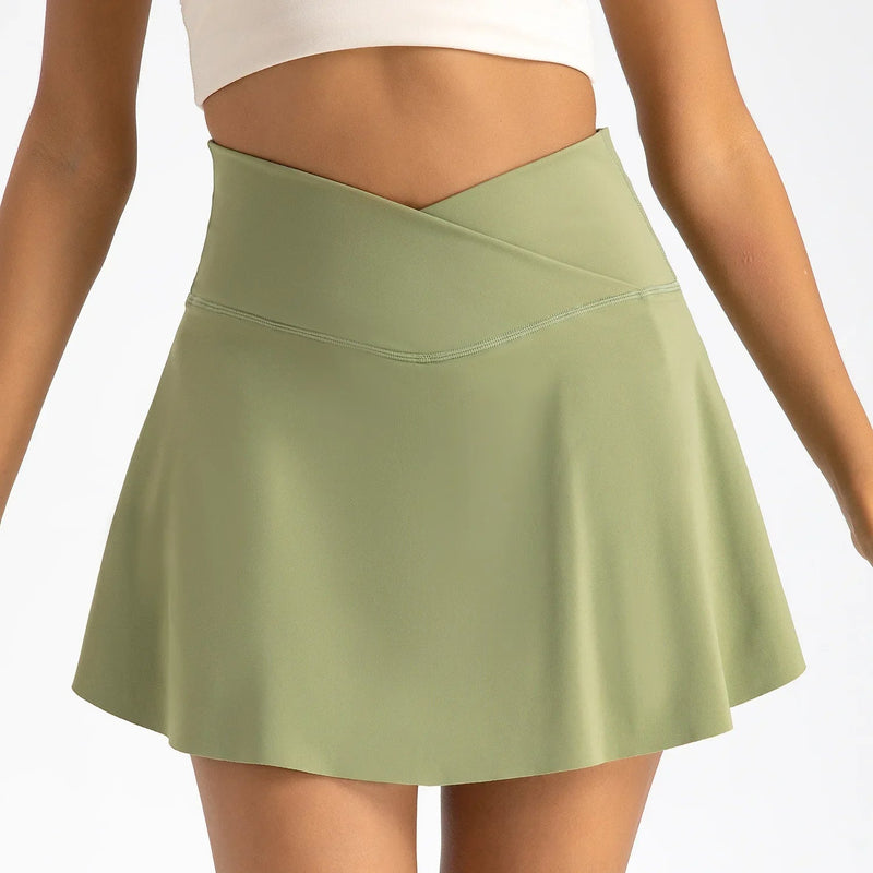 High Waist Overlap Tennis Skirt Shorts - 2-in-1  Outdoor Activewear with Pocket for Women