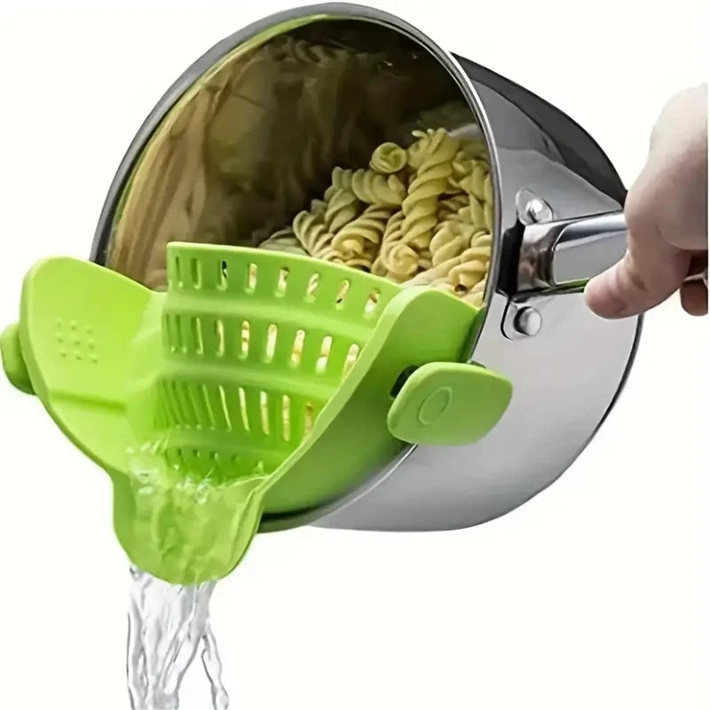 Smart Clip-On Silicone Pot Strainer – Adjustable Kitchen Drainer for Pasta, Veggies, Bowls & Pans Without Spills