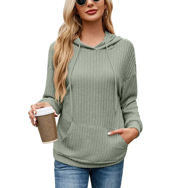 Hooded Groove Stripe Knitted Sweater – Cozy Women's Pullover with Kangaroo Pocket for Casual Winter Chic