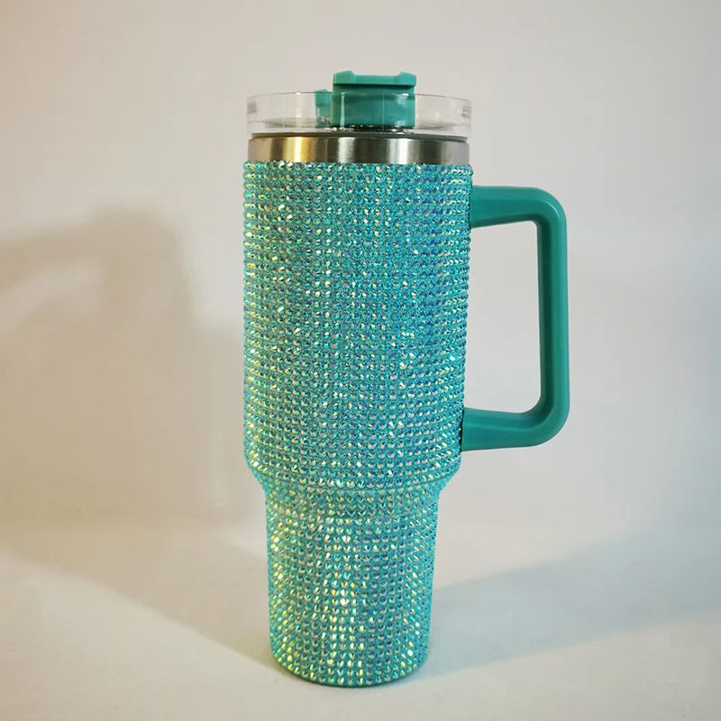 Diamond Thermos Cup with Handle – 40oz Stainless Steel Vacuum Bottle for Hot and Cold Beverages