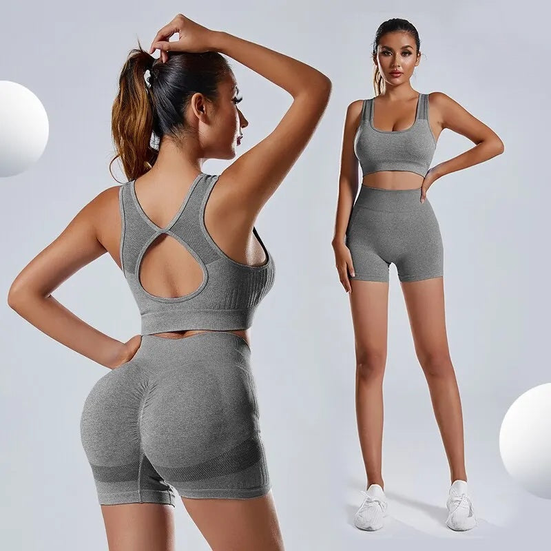 Acid Wash Workout Vest and Shorts Set for Women – 2-Piece Butt-Lifting High-Waist Shorts & Crop Top for Sculpted Curves