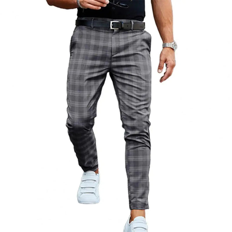 Men's Casual Mid-Waist Plaid Trousers - Stylish Skinny Pants for a Modern Streetwear Look