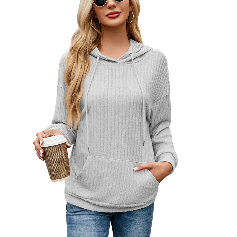 Hooded Groove Stripe Knitted Sweater – Cozy Women's Pullover with Kangaroo Pocket for Casual Winter Chic