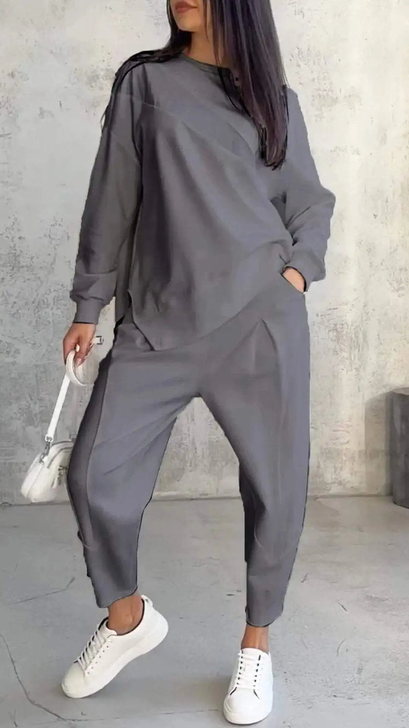 Cozy Irregular Sweater Suit – Loose-Fit Long Sleeve Top & Pants for Fall/Winter