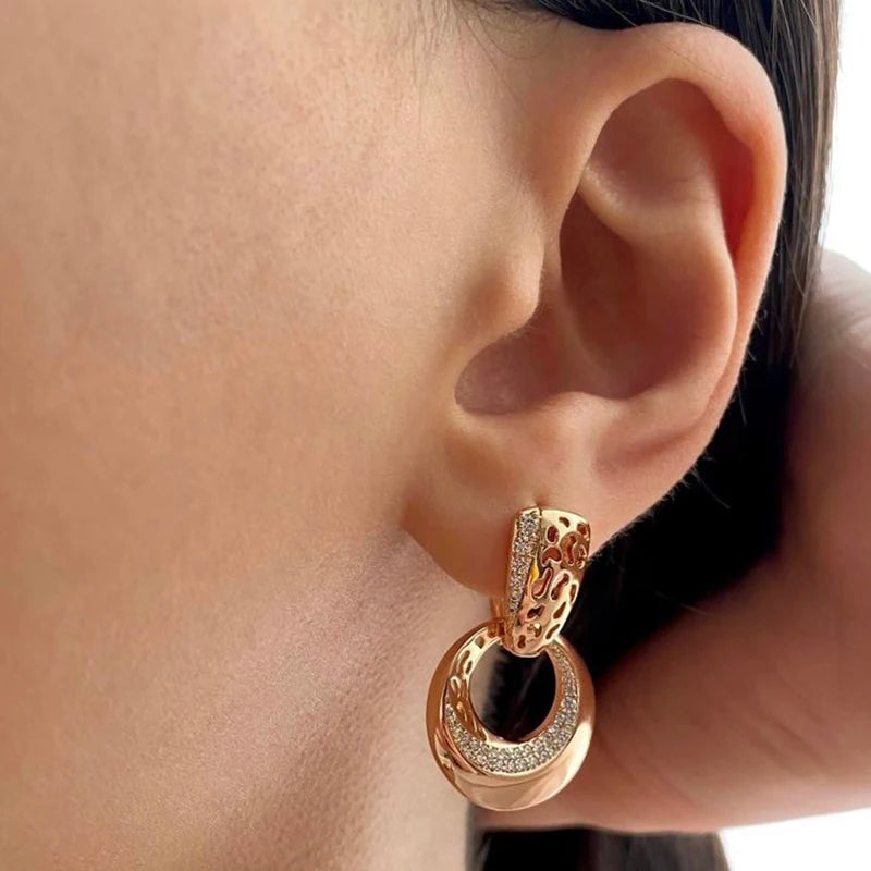 Hollow Round Moon Rose Gold Drop Earrings – Elegant Flower Design with Natural Zircon for Bridal & Daily Glamour