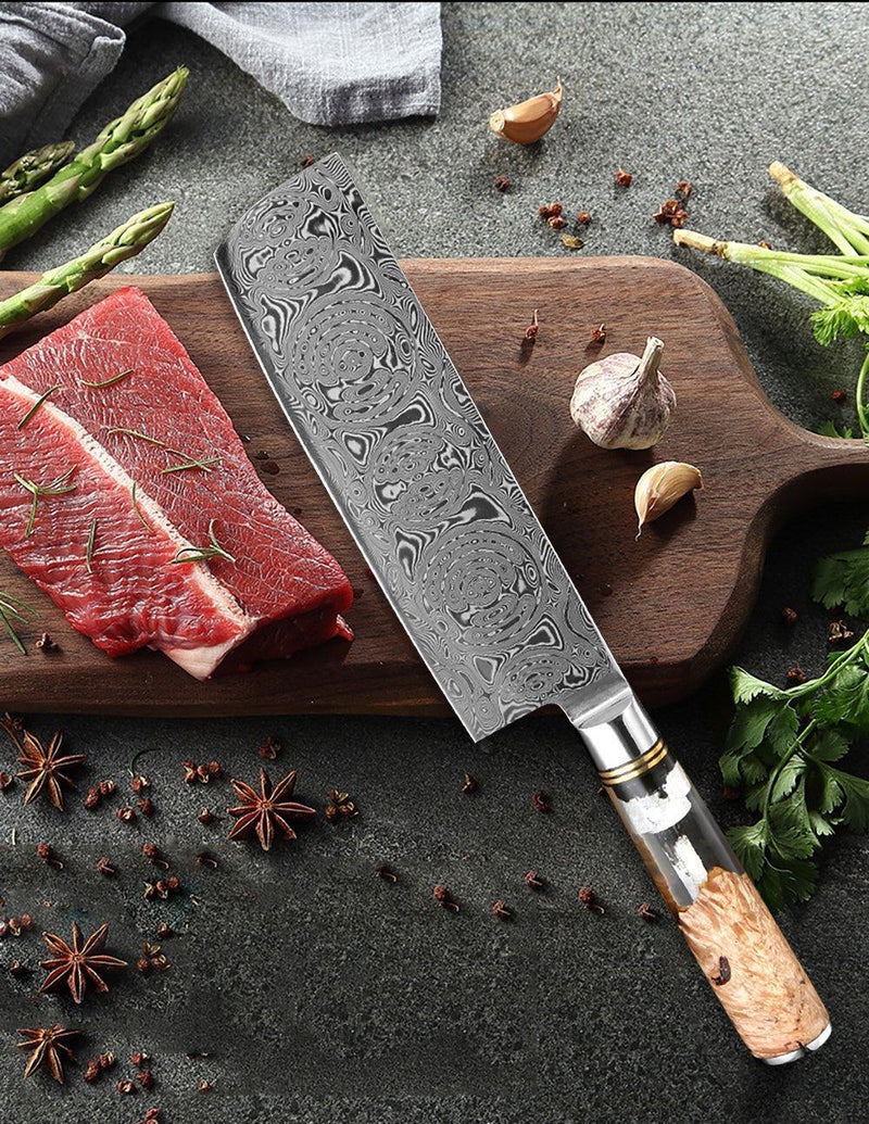 7 Inch Nakiri Knife Japanese VG10 Damascus Steel with Natural Color Wood
