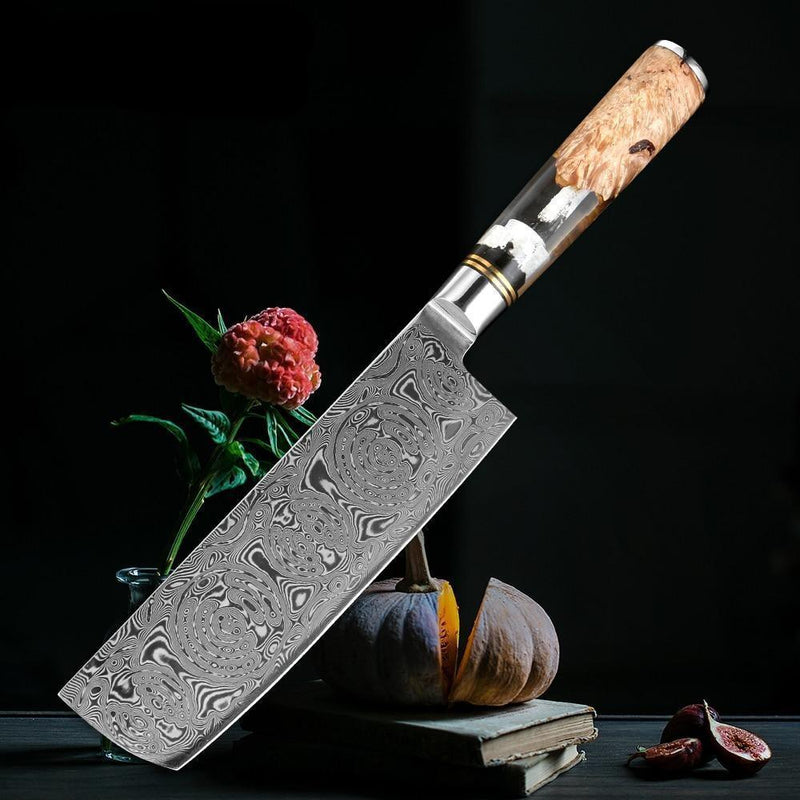7 Inch Nakiri Knife Japanese VG10 Damascus Steel with Natural Color Wood