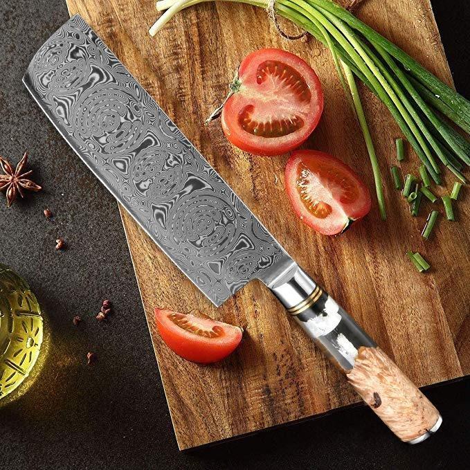 7 Inch Nakiri Knife Japanese VG10 Damascus Steel with Natural Color Wood