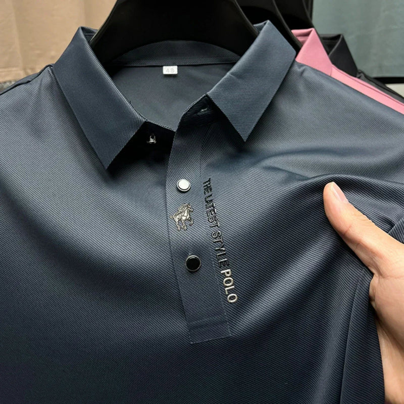 Men’s Ice Silk Embroidered Polo Shirt – Business Casual Stretchable Lapel Shirt for Trendy Summer Style