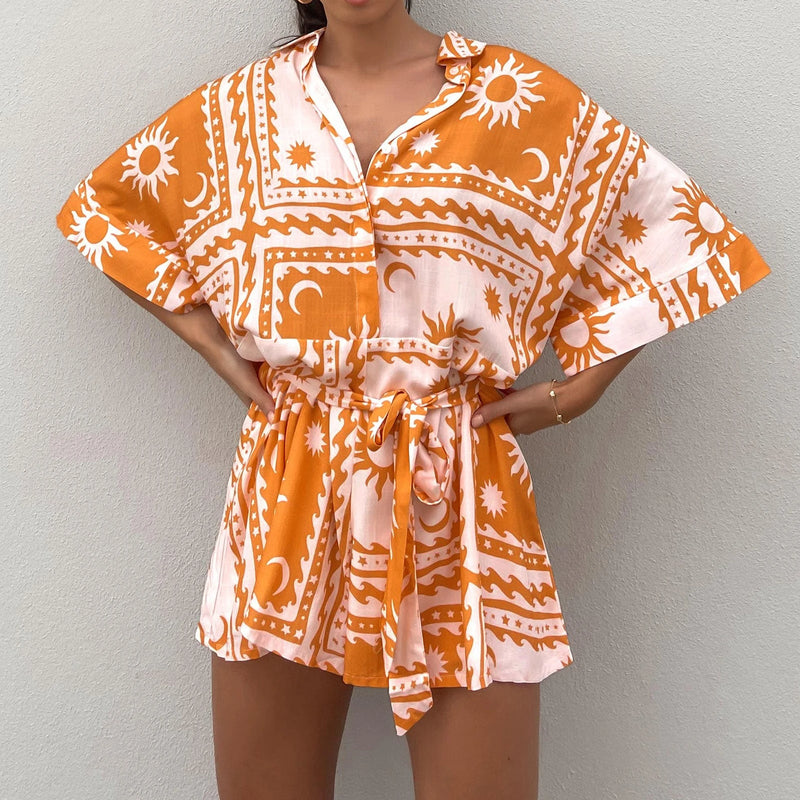 Boho Floral Romper Shorts – Oversized Button-Down Jumpsuit for Effortless Vacation Vibes