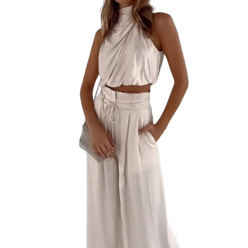 Silky Pleated Two-Piece Set – Sleeveless Top & Wide-Leg Pants for Effortless Elegance