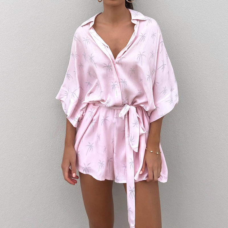 Boho Floral Romper Shorts – Oversized Button-Down Jumpsuit for Effortless Vacation Vibes