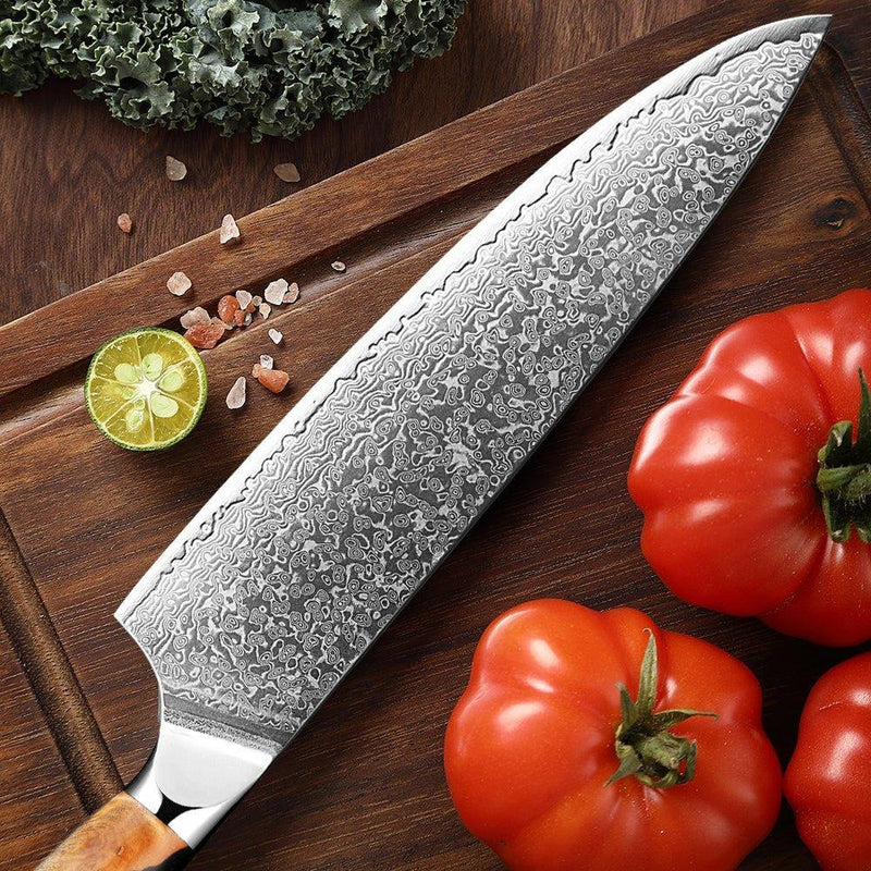8 Inch Japanese Damascus Steel Chef Knife With Resin Stabilized Wood Handle