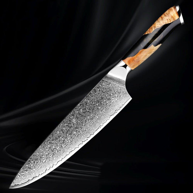 8 Inch Japanese Damascus Steel Chef Knife With Resin Stabilized Wood Handle