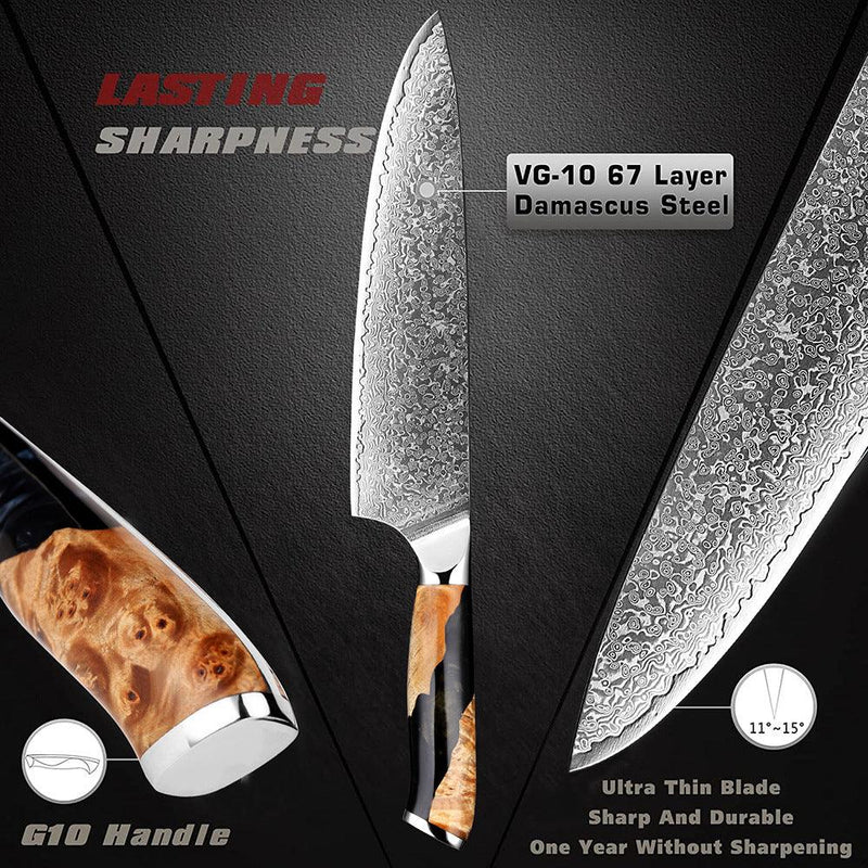 8 Inch Japanese Damascus Steel Chef Knife With Resin Stabilized Wood Handle