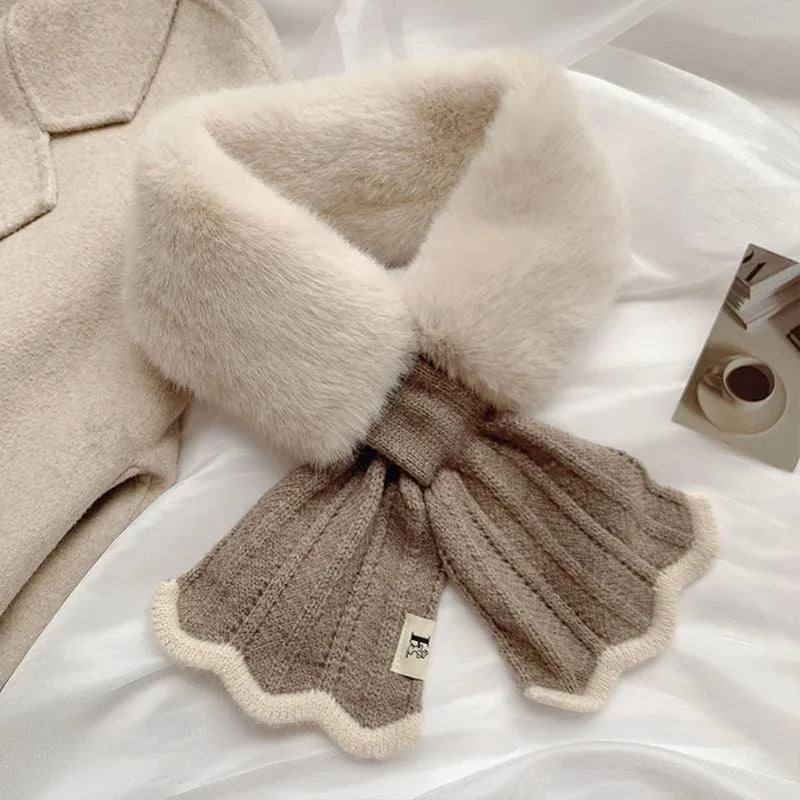 Korean Plush Collar Winter Scarf – Cozy Short Cross Wrap for Women & Girls