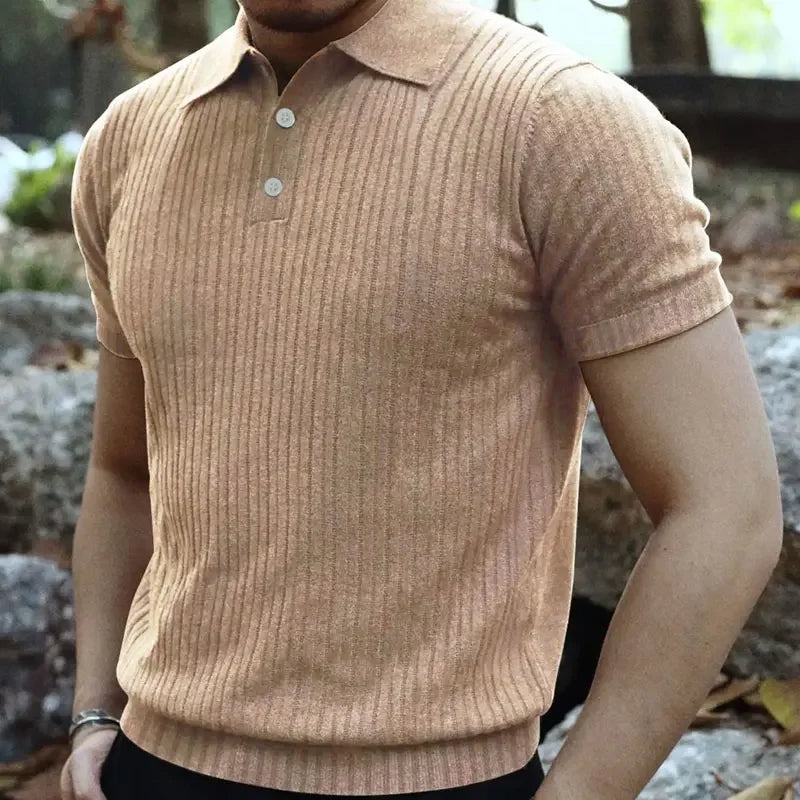 Men’s Woven Knit Polo Shirt – Business Casual Striped Lapel T-Shirt for Comfortable Summer Wear