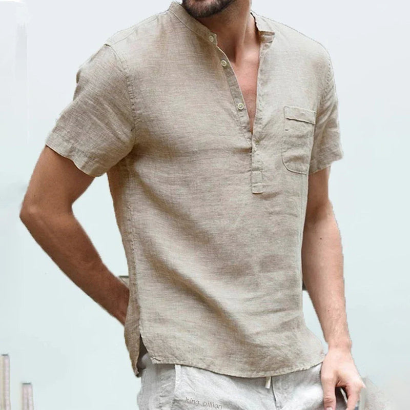 Casual Men's Linen Shirt – Short Sleeve 3-Button V-Neck Top with Pocket for Everyday Summer Style