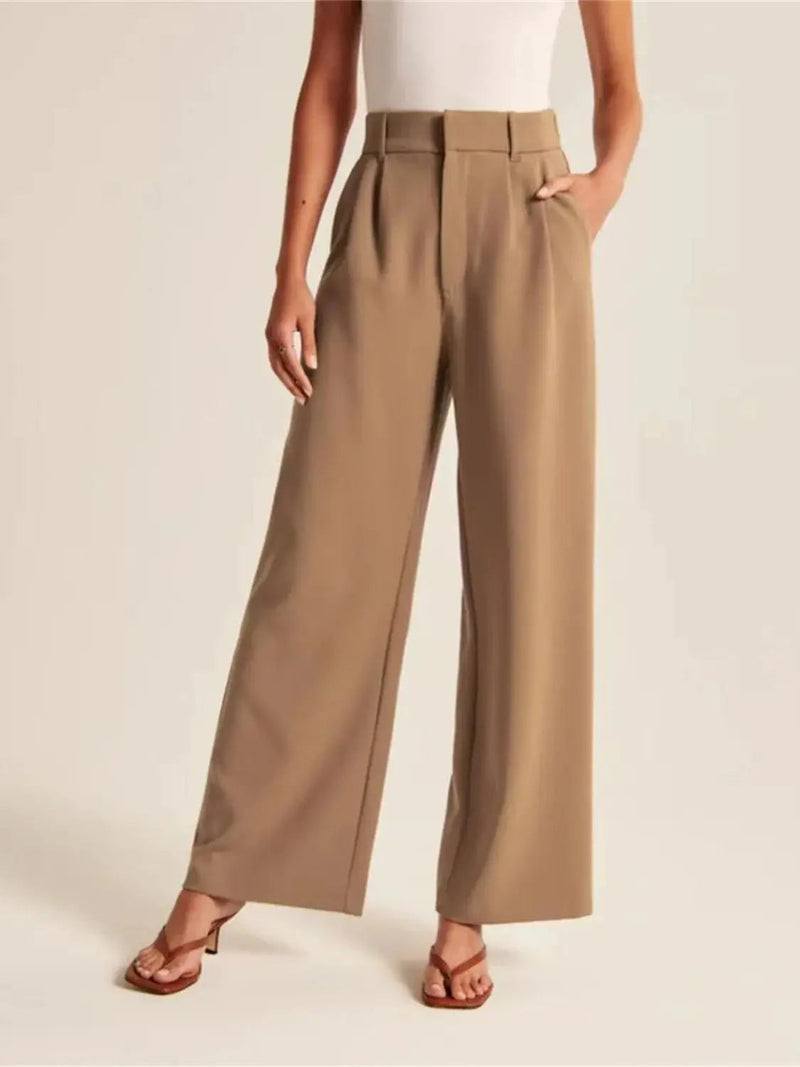 High-Waisted Wide-Leg Trousers – Elegant & Casual All-Season Pocket Slacks