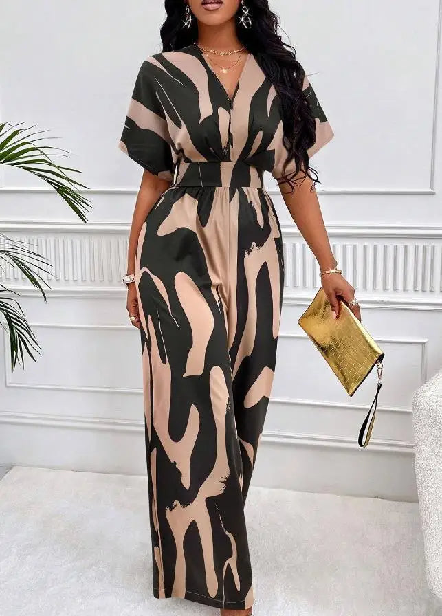 Printed Surplice V-Neck Jumpsuit – Bat Sleeve Wide-Leg Design with Waist Tie for Office Elegance