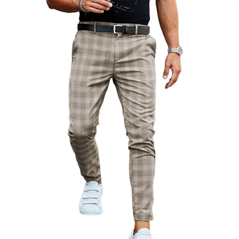 Men's Casual Mid-Waist Plaid Trousers - Stylish Skinny Pants for a Modern Streetwear Look