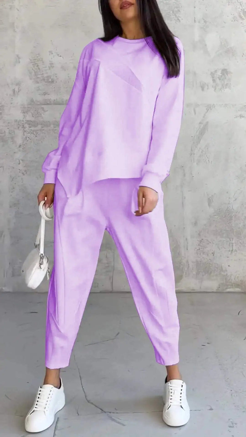 Cozy Irregular Sweater Suit – Loose-Fit Long Sleeve Top & Pants for Fall/Winter
