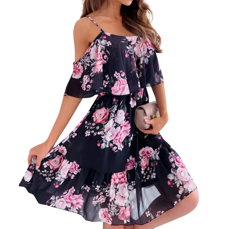 Ruffled Chiffon Summer Dress – Flower Printed, Shoulder Strap Style with European-Inspired Sexy Vibes for 2024 Chic