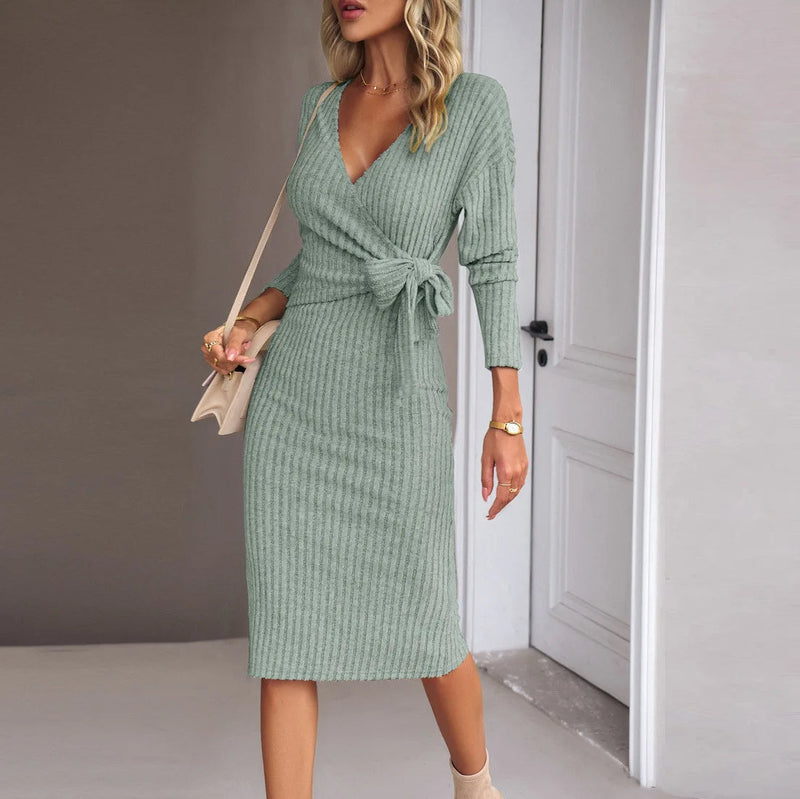 Sultry Lace-Up Bodycon Dress – Rib Knit Long Sleeve V-Neck for a Commuting Chic Look