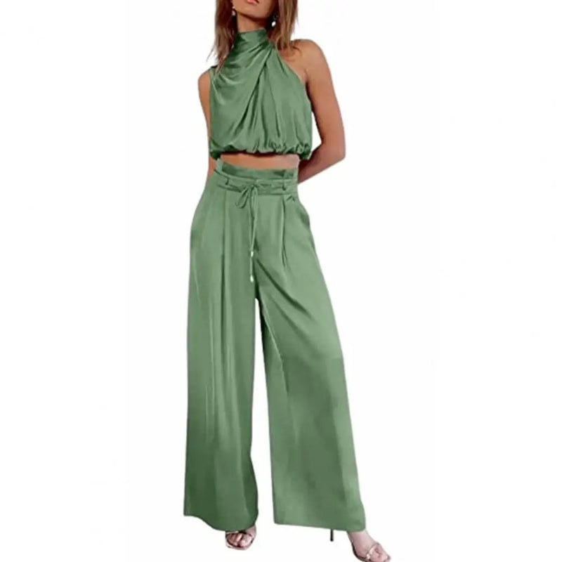 Silky Pleated Two-Piece Set – Sleeveless Top & Wide-Leg Pants for Effortless Elegance