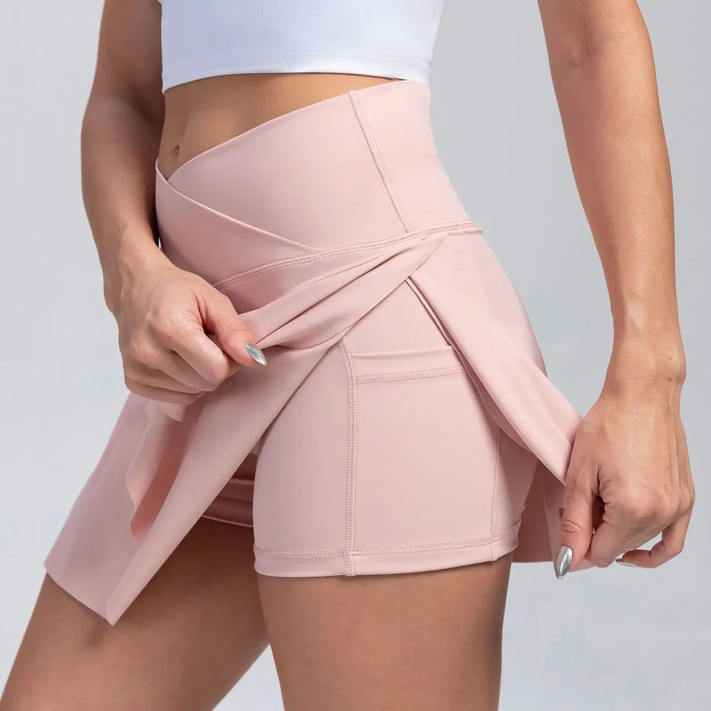 High Waist Overlap Tennis Skirt Shorts - 2-in-1  Outdoor Activewear with Pocket for Women
