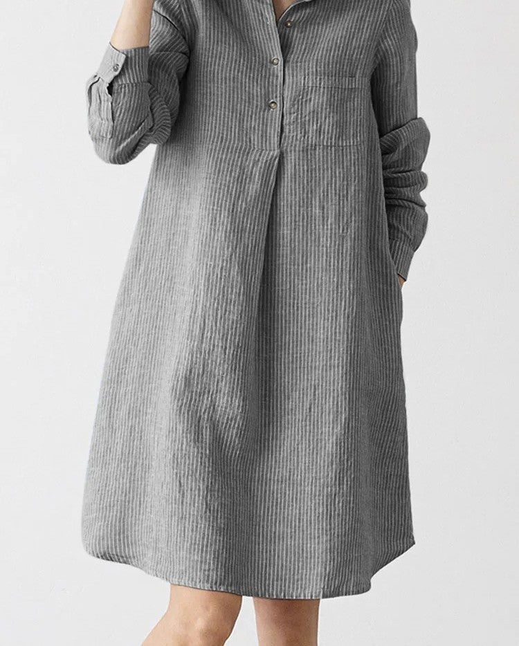 Striped Shirt Dress for Work & Casual Chic – Lapel Neck, Long Sleeve, & Knee-Length Charm